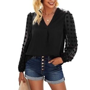 Sheer Swiss dot chiffon sleeve vneck top sz xl